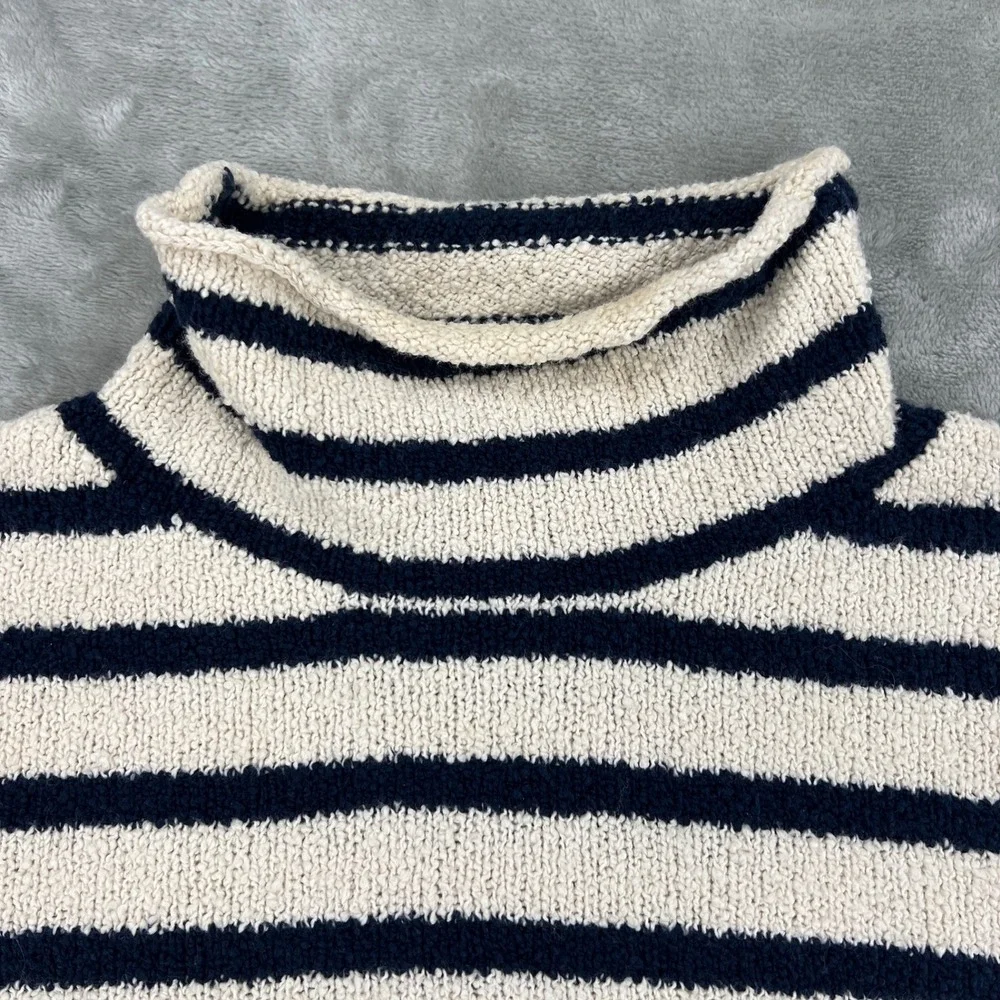 J.Crew Womens Small Ivory Navy Blue Striped Boucle Knit Turtleneck‎ Sweater